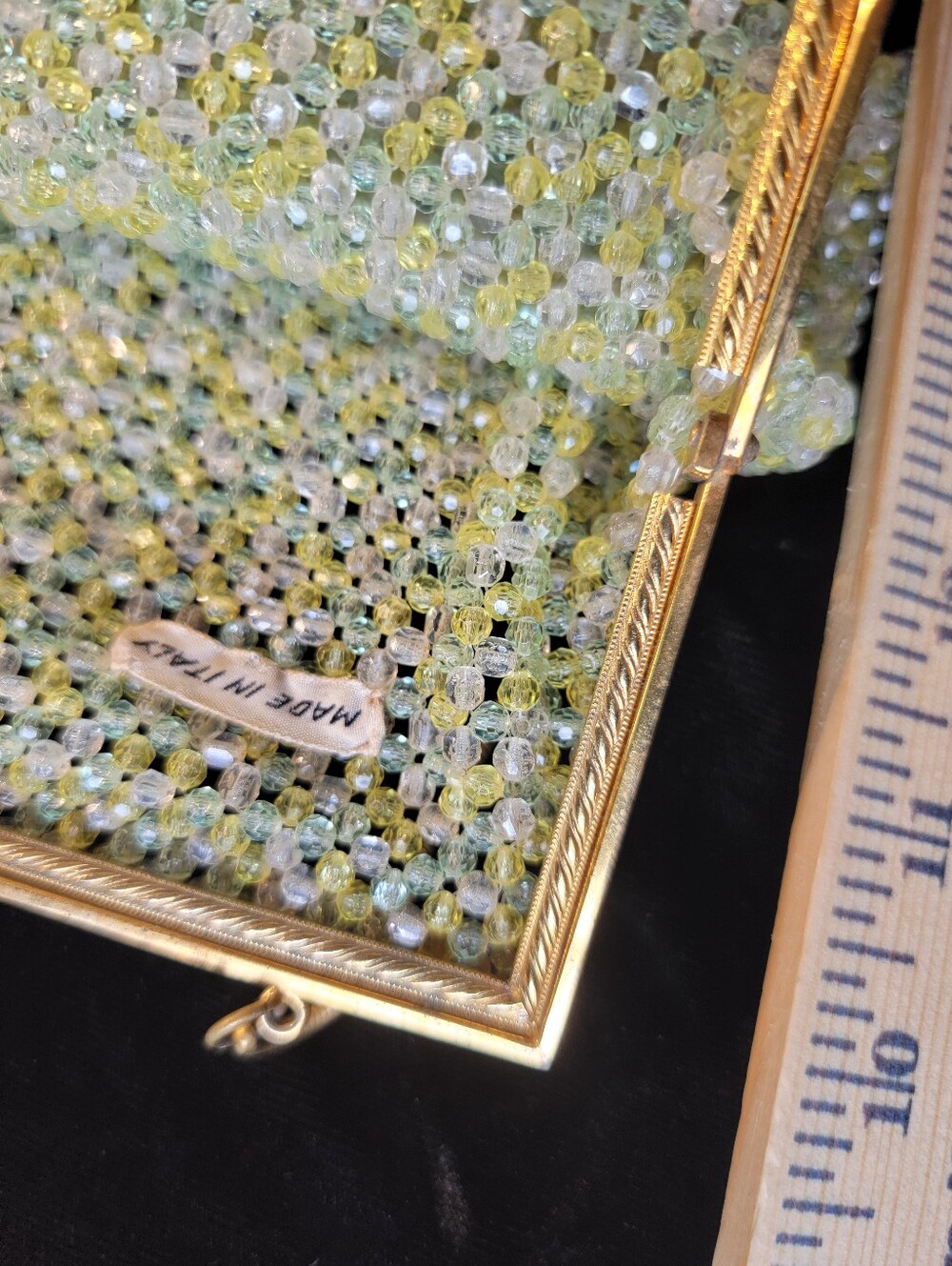 Vintage Mid-Century Italian Beaded Kiss-lock Purse Yellow, Green, Clear - Picture 9 of 12